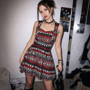 Folter Heart Print Fit & Flare Mini Dress Sz S Skull Goth Punk Rockabilly Alt